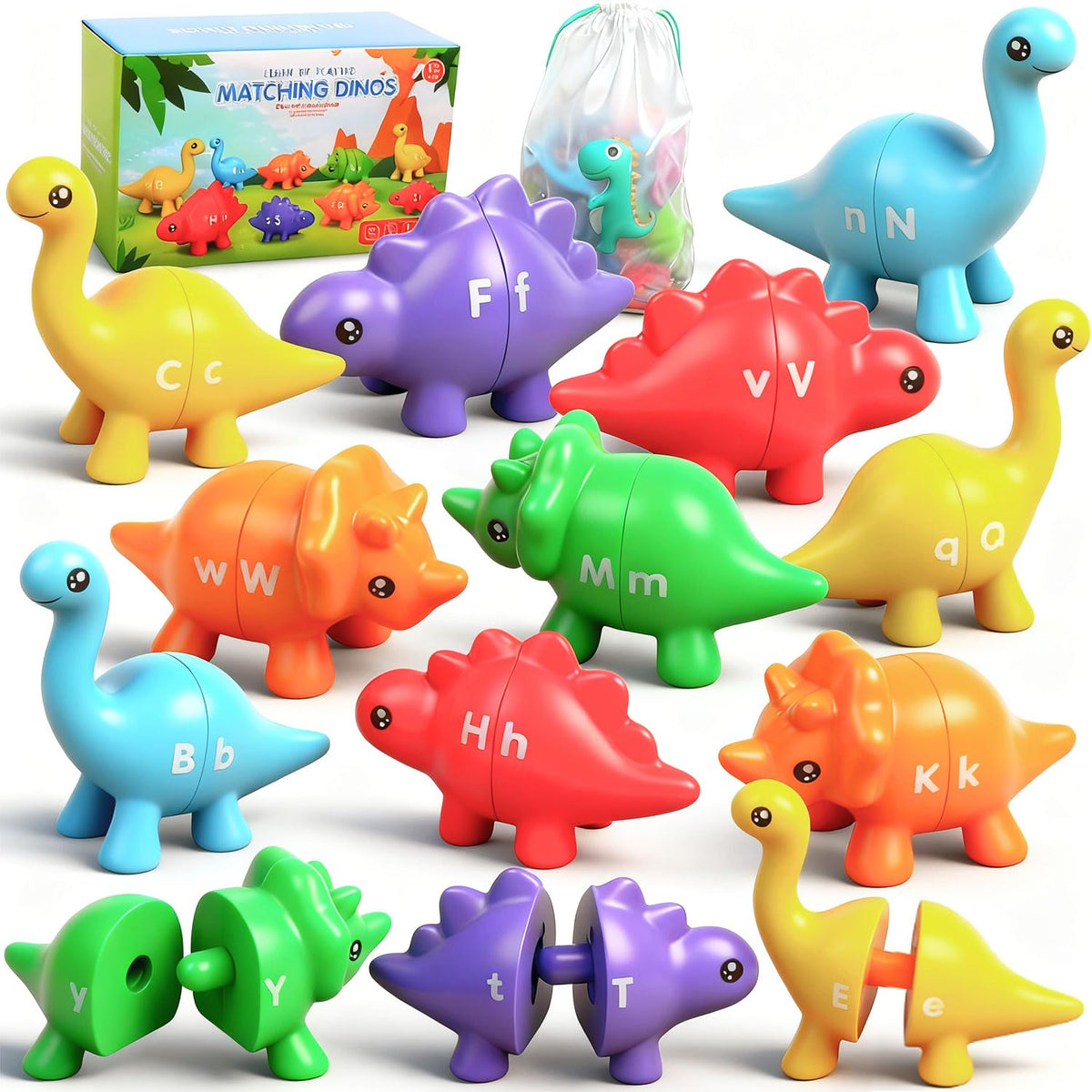 Letters Matching Game Dinosaur Toys 26 Letters Double-Sided ABC Alphabet Match Uppercase Lowercase, Montessori Learning Toy Educational Fine Motor Skill for 12 Months Toddlers Kids 1 2 3 4 5 Years Old