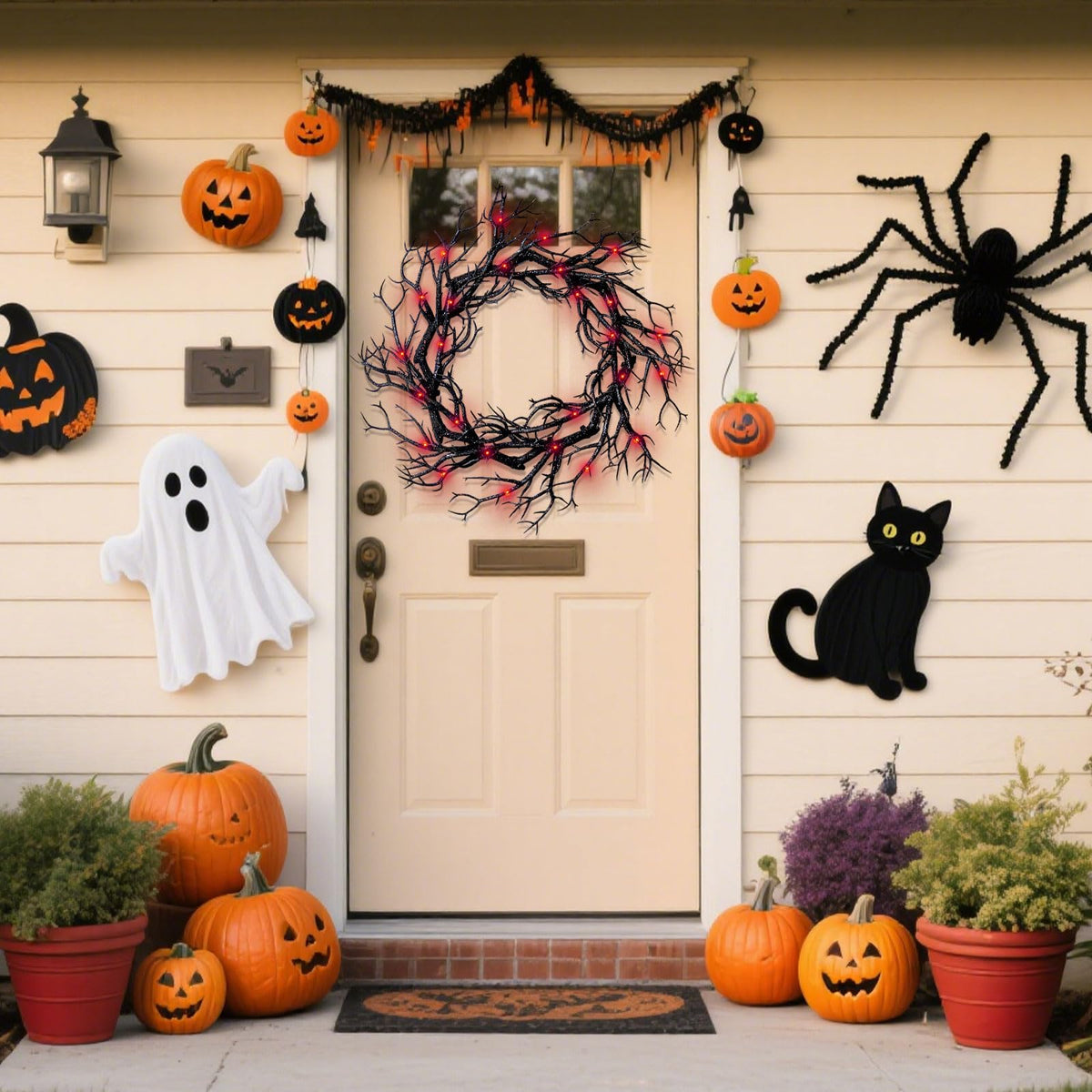 Halloween Black Branch Wreath - 16.5 Inch Glitter Black Twig Halloween Wreaths with Red Lights for Front Door Indoor Outdoor Party Window Wall Decor Farmhouse Garland Yard