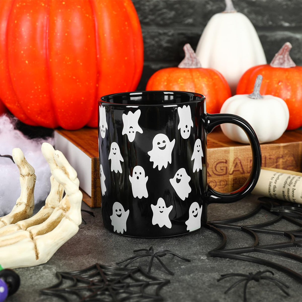 Whaline Halloween Mug 12oz Cute Ghost Coffee Mug Black White Ghost Ceramic Drinking Mugs Halloween Party Cups for Home School Office Table Centerpieces Housewarming Gift Party Supplies