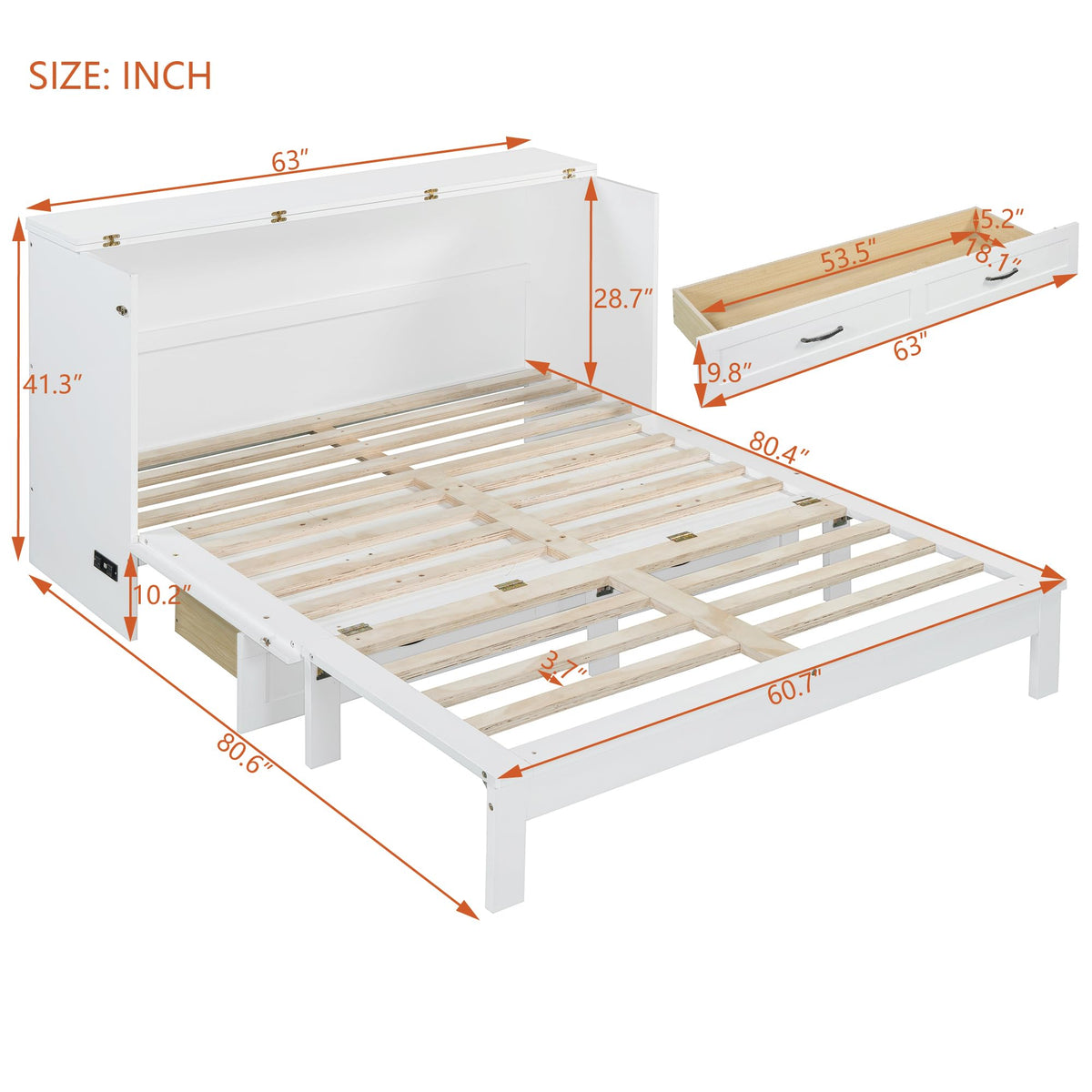 Ball & Cast Murphy Bed Queen Size Bedroom Folding Wall Cabinets Frame with Large Drawer and USB Ports,Hideaway Bed w/Tri-Fold Mattress Design,for Guest Room,Study,Office,White