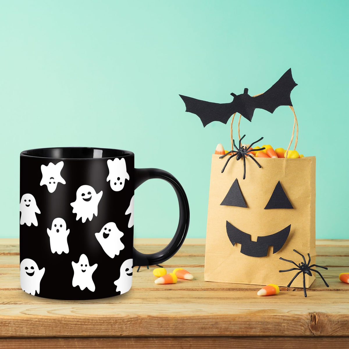 Whaline Halloween Mug 12oz Cute Ghost Coffee Mug Black White Ghost Ceramic Drinking Mugs Halloween Party Cups for Home School Office Table Centerpieces Housewarming Gift Party Supplies