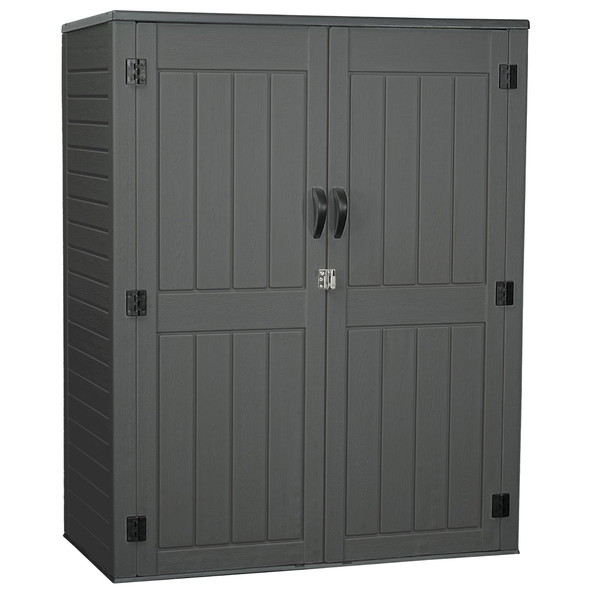 EHHLY Vertical Resin Storage Shed with 2 Shelves, 60 Cuft Garden Tool Sheds & Outdoor Storage, Plastic Outdoor Storage Cabinet Waterproof, 4.5 x 2.3 ft Backyard Outside Lawn Mower Storage Shed, Grey