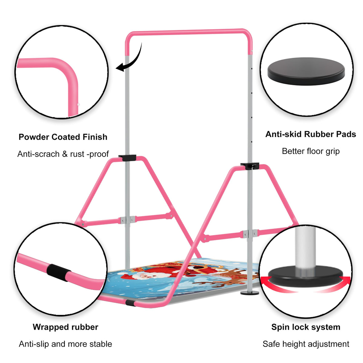 Jivifao Gymnastics Bar with Self-Inflating Mat for Kids, Adjustable Height Gymnastic Horizontal Bars with Mat, Folding Gymnastic Training Monkey Bars, Junior Expandable Training Kip Bar for Home