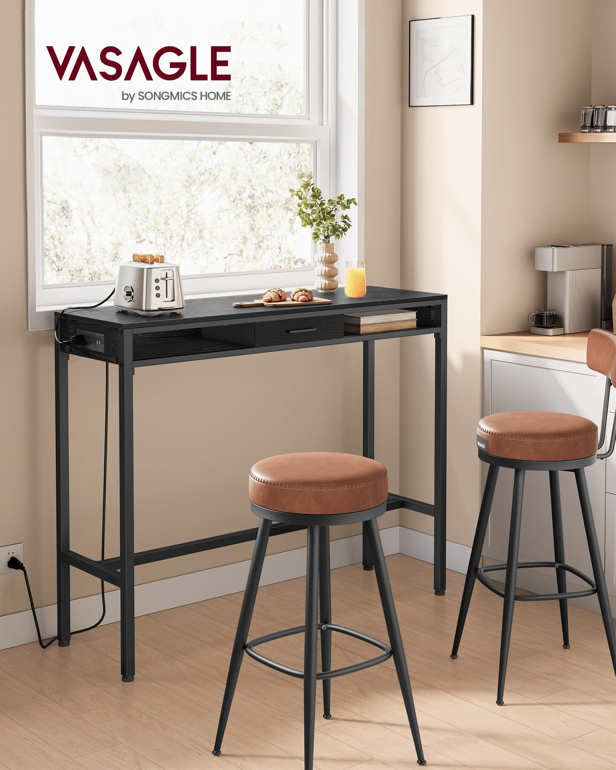 VASAGLE Bar Table with Power Outlets, 47.2 Inches Long Bar Height Pub Table, Rectangular High Top, with Movable Drawer, 2 Hooks, Narrow Storage for Kitchen, Dining, Entryway, Ebony Black