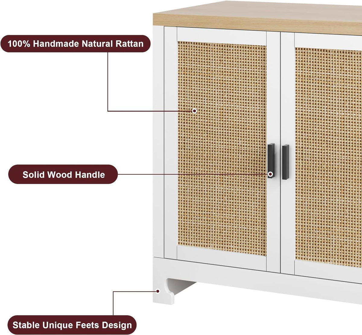 GarveeHome 60 in Farmhouse Rattan Buffet Cabinet - 4-Door Woven Storage Sideboard with Adjustable Shelves, Kitchen Console Table for Dining Room & Living Room Entryway (White & Brown)