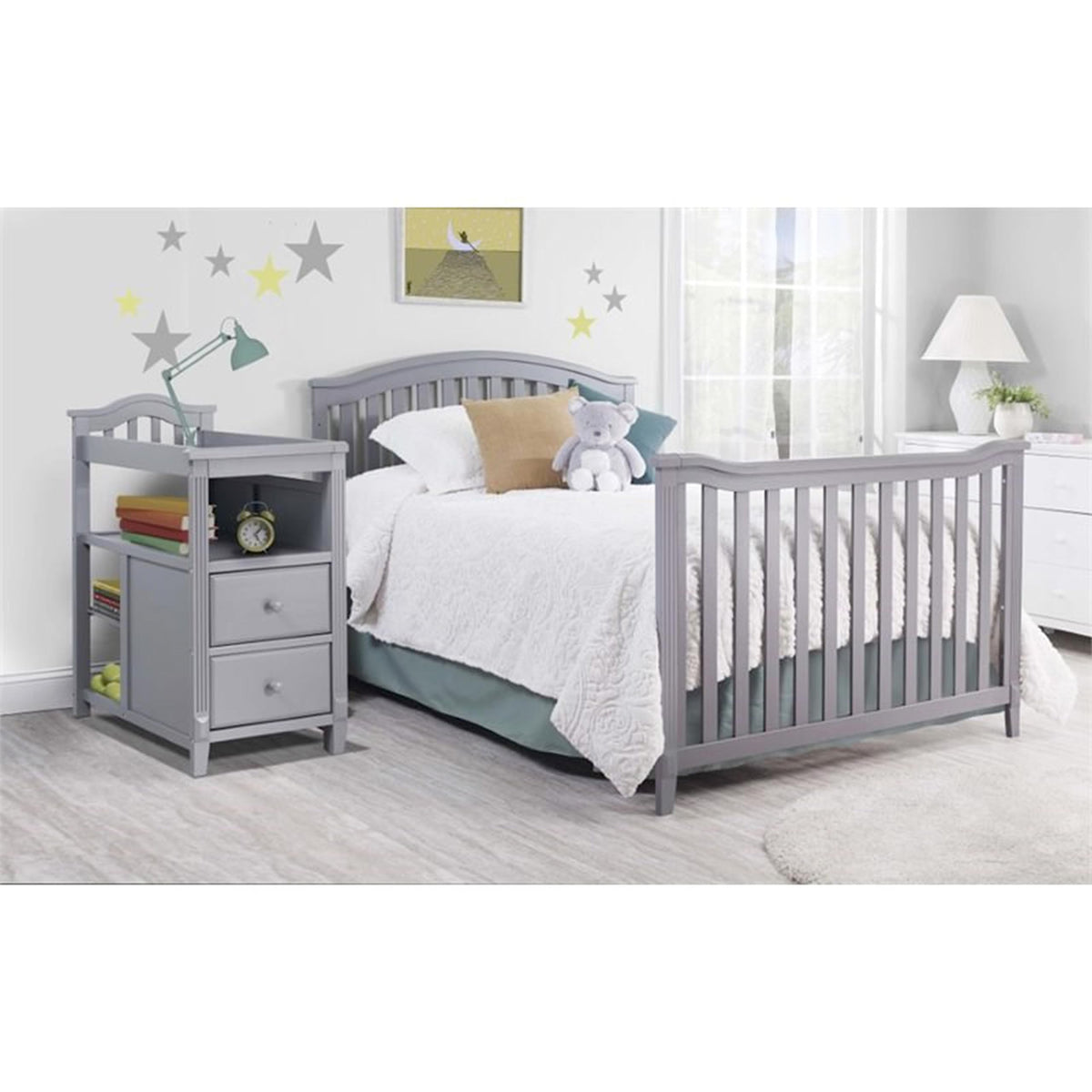 Sorelle Furniture Berkley Crib and Changer with Slat Panel Back Classic -in- Convertible Diaper Changing Table Non-Toxic Finish Wooden Baby Bed Toddler Childs Daybed Full-Size Nursery - Gray
