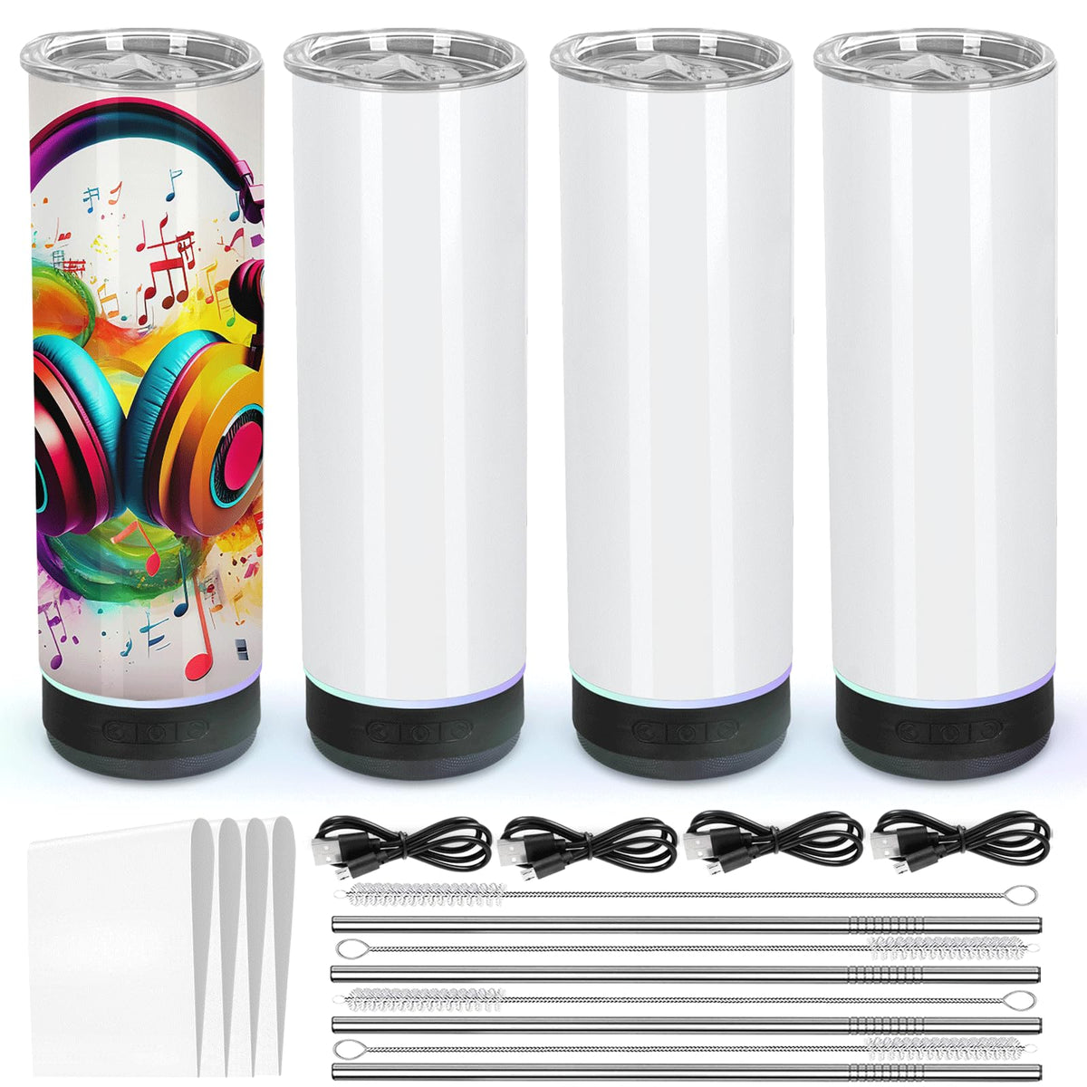 Micellwuu 4 Pack 20 Oz Music Speaker Tumbler, Sublimation Music Tumbler Blanks, Double Wall Vacuum Insulated Coffee Mug with Detachable LED Light, Speaker Cup (Black)