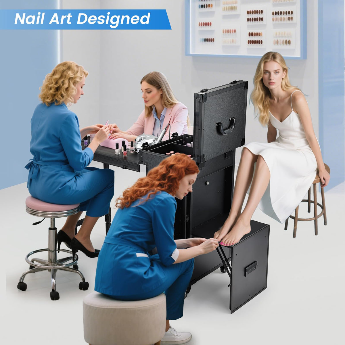 Joligrace Rolling Manicure Table with Pedicure Chair 4 Drawers Rolling Makeup Case Foldable Nail Desk Cosmetology Case on Wheels Brush Pouch Mirror Nail Kits Technician Workstation Artist Trolley