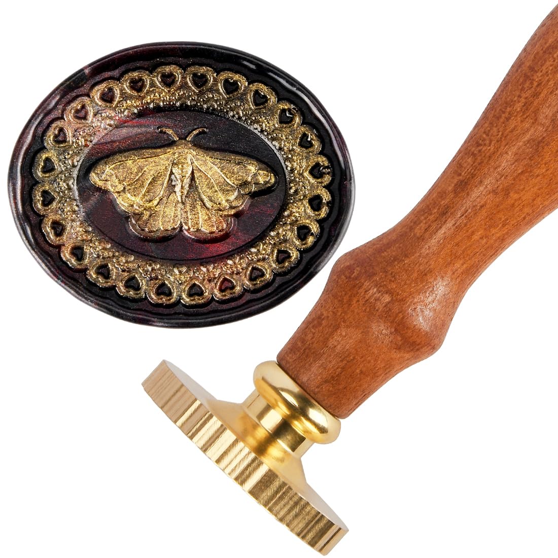 3D Embossed Moth Wax Seal Stamp - Wooden Handle with Brass Metal Head, Defor for Envelope/Bag/Gift Packing, Making Product Tag Arts Crafts DIY