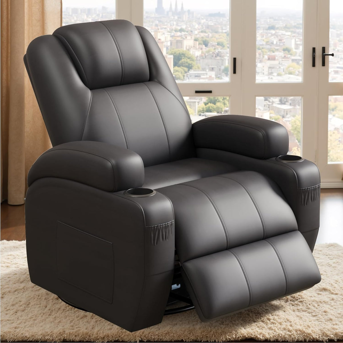 Flamaker Swivel Rocker Recliner Chair with Vibration Massage, 360° Swivel Recliner Chairs for Adults Ergonomic Lounge Chair with Cup Holders Lazy Boy Recliner Single Sofa Seat (Leather, Black)