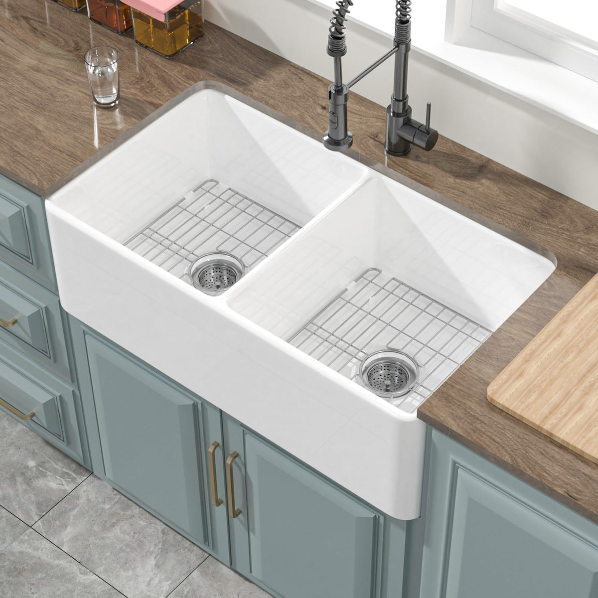 HOMLYLINK Double Bowl Farmhouse Sink White 33 x 18 Inch, Firecaly Apron Front Undermount Farm Sink Reversible(Sleek & Fluted Optional), Heavy-duty Dual Basin 50/50, for Kitchen