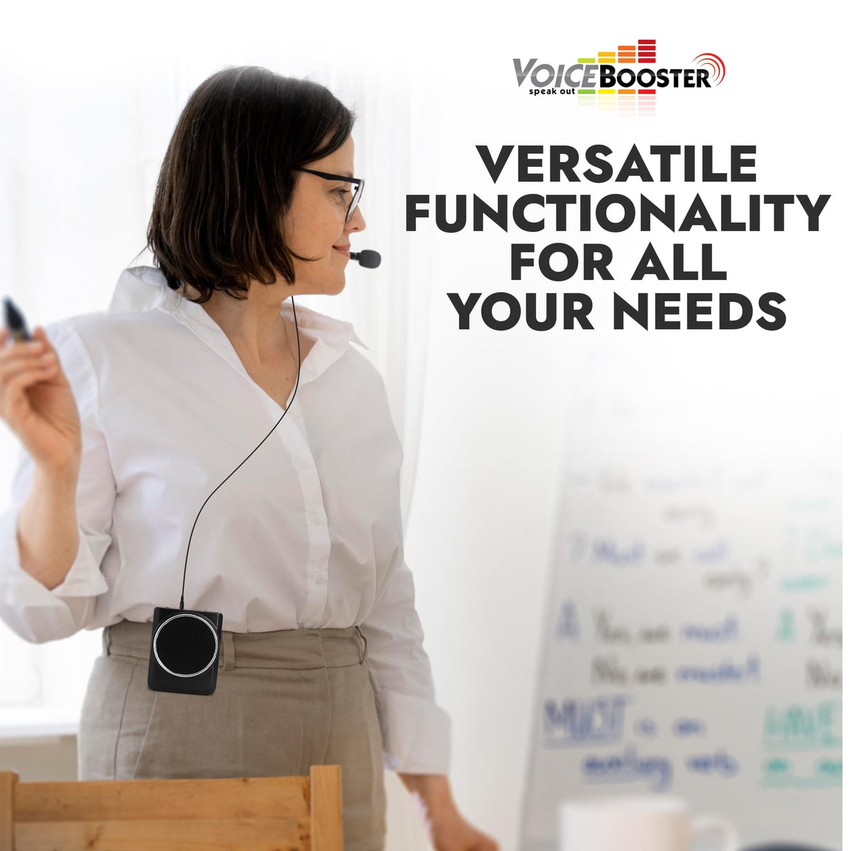 Voicebooster Portable Voice Amplifier for Teachers - 12W Rechargeable Portable Speaker with Microphone Headset for Classroom, Tour Guide, Public Speaking, Built-in MP3 Player & FM Radio - Black MR1700