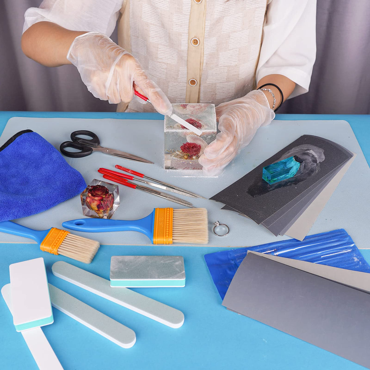 LET'S RESIN Polishing Kit,33Pcs Resin Supplies with Sandpaper,Resin File Kit,Polishing Strips&Blocks,Scissors,Wooden Brush,Cloth, Tools for Jewelry Making Supplies, Silicone Molds
