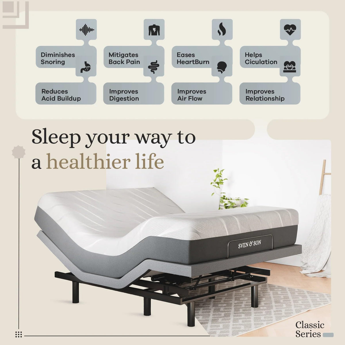 Sven & Son Classic Adjustable Bed Base, Head and Foot Lift, Massage, Under-Bed Lights, USB, Gel Memory, Zero Gravity Smart Frame - Full + 12 inch Memory Foam Matt (Medium)
