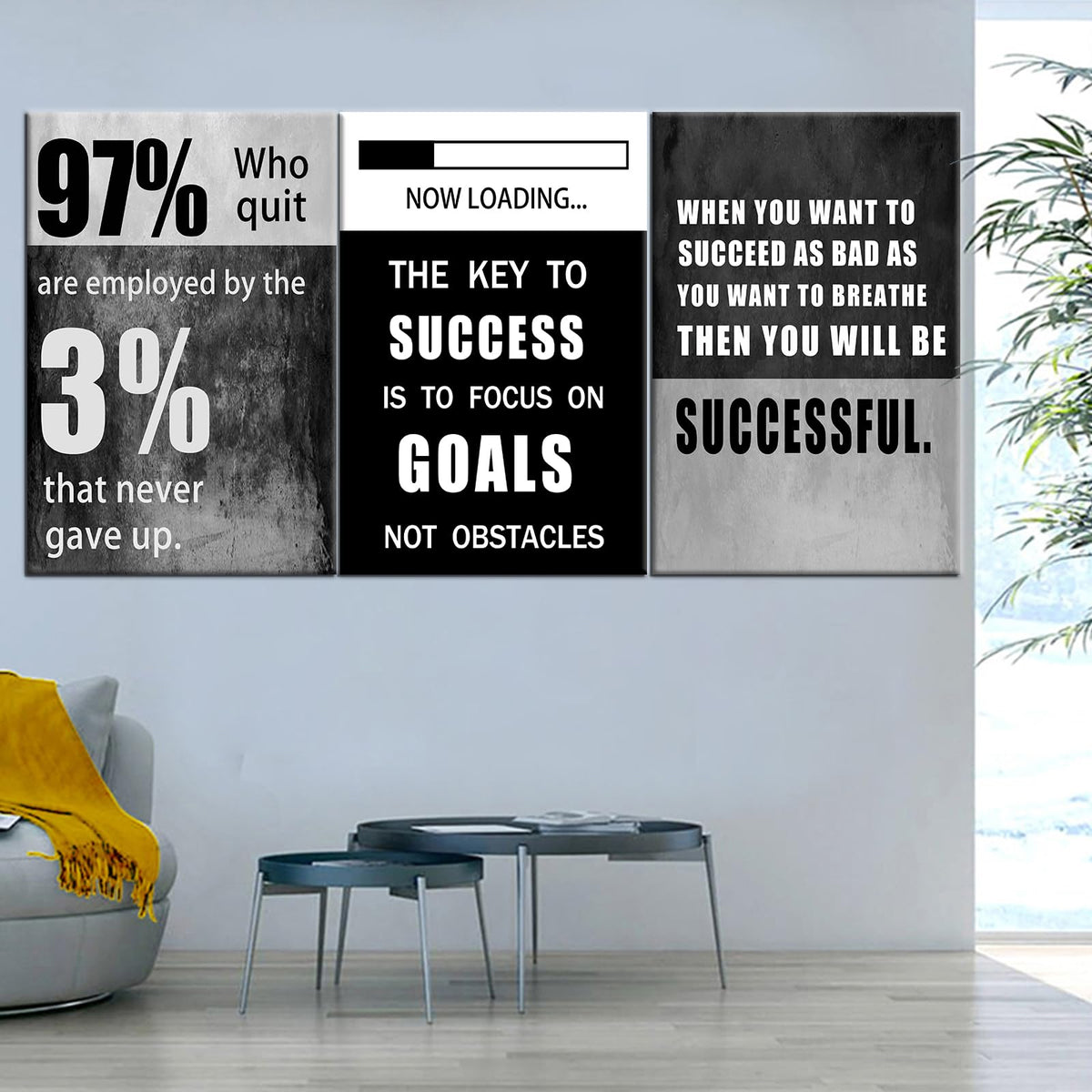 QYHART Motivational Poster Success Inspirational Wall Art Canvas Paintings 3 Piece Picture Artwork Living Room Prints Wall Decor Decoration Wooden Framed Ready to Hang [72''Wx 36''H]