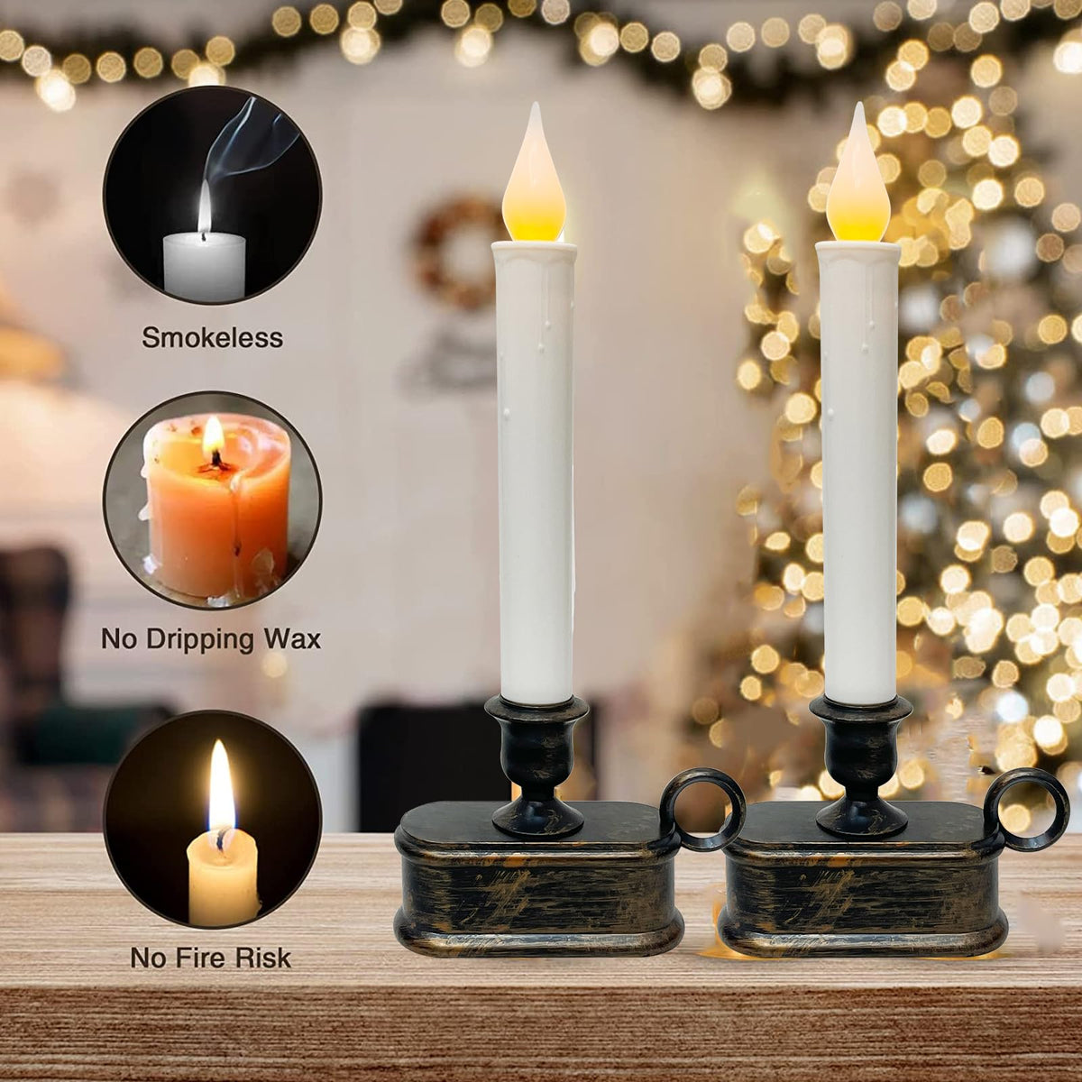 4 Pcs Christmas Window Candles with LED Electric Candles Flickering Lights, 10 Inch Battery Operated Candle with Sensor Dusk to Dawn for Table Party Christmas Decoration,Bronze Base