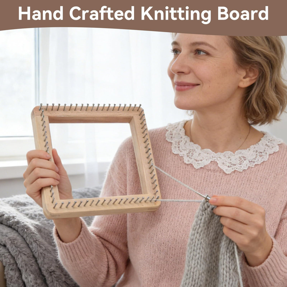 HERCHR Wooden Knitting Loom, Wooden Loom Frame Weaving Loom DIY Solid Wood Multifunctional Blanket Crochet Loom Knitting Board Loom Tool for DIY Weaving Beginner Children Adults, 20 * 20cm