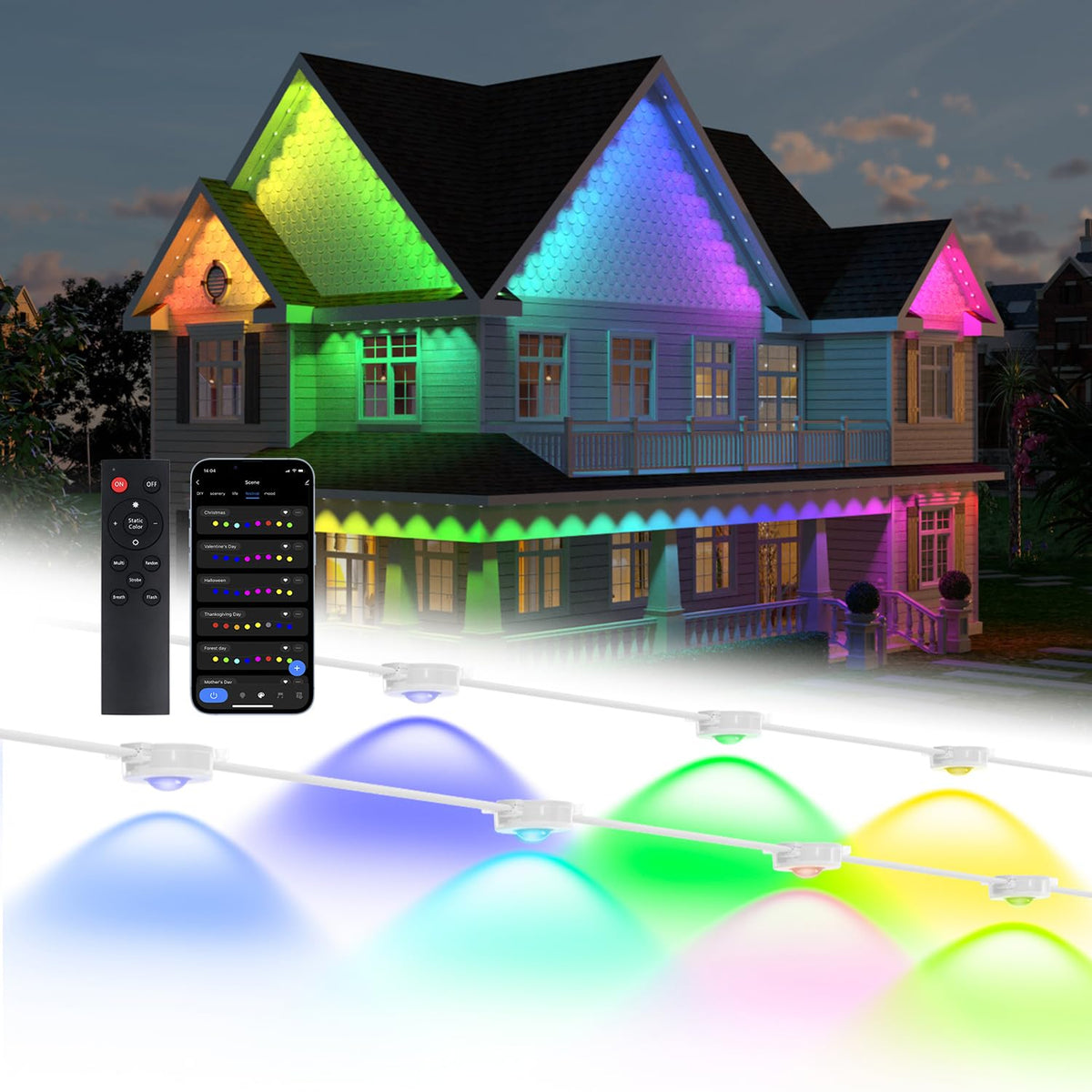 olivilily Permanent Outdoor Lights, 100ft with 60 LEDs Smart RGB, 68+ Scene Modes IP66 Waterproof, Alexa/Google Assistant Compatible Holiday Lighting for Christmas Halloween Patio Decor