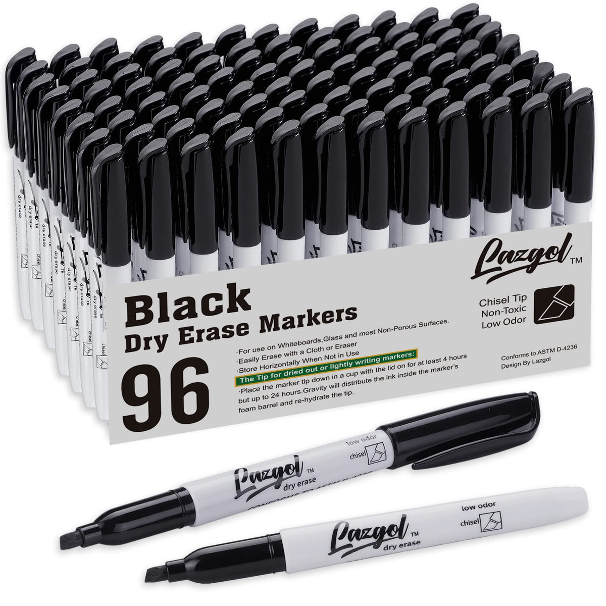 LAZGOL Dry Erase Markers Bulk, 96 Pack Black Dry Erase Markers Chisel Tip, Low Odor Whiteboard Markers for School, Office Supplies, Perfect for Writing on White Board, Mirror,Calender