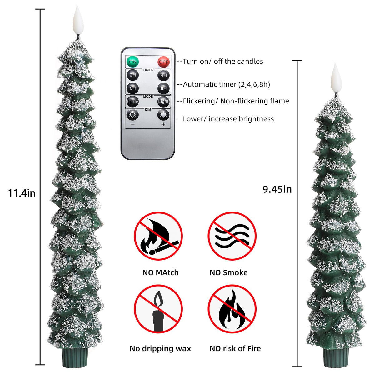 MUMCHASI 4 Pcs Flameless Taper Candles, Christmas Tree Candles with Remote, Battery Operated Candlesticks, Flickering LED Window Candlelights Real Wax Christmas Candlesticks H9.45,11.4”Green