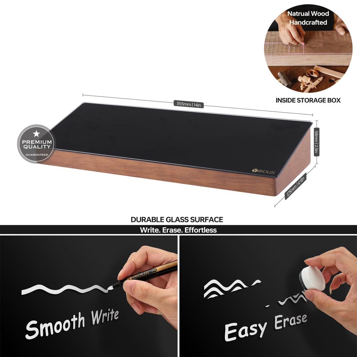 Desktop Black Glass Dry Erase Board with Wood Organizers for Small Office Supplies, Desk Whiteboard with Drawer for Home Office Cubicle, Accessories Included, Yeoux