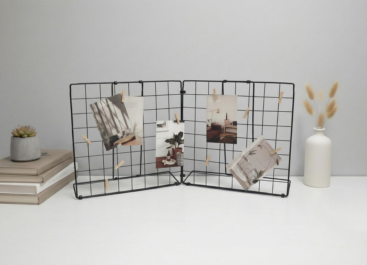 JAJAGOU Foldable Desktop Photo Display Rack & Grid Display Board with 20 Wooden Clips – Photo, Accessory & Handcraft Display Organizer for Home Office Black