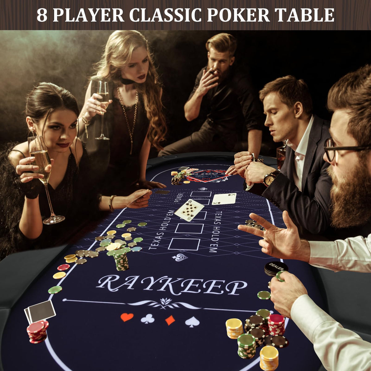 RAYKEEP 71 Inch Poker Table Foldable, 8 Player Folding Poker Tables w/Collapsible Legs, Casino Grade Felt, Padded Rails and Cup Holders, Portable Poker Table for Texas Holdem Poker and Blackjack