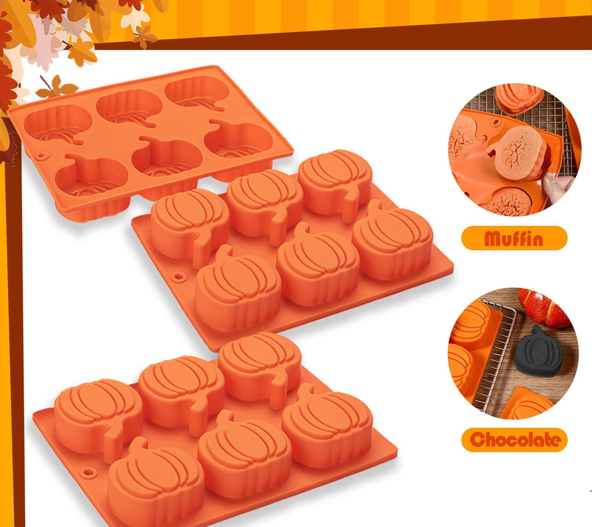 Pumpkin Muffin Mold 3 Pack Pumpkin Cake Pan Silicone Molds, Mini Cake Trays Thanksgiving Halloween Baking Molds Cupcake Pan Hot Chocolate Bomb Mold for Thanksgiving Fall Baking