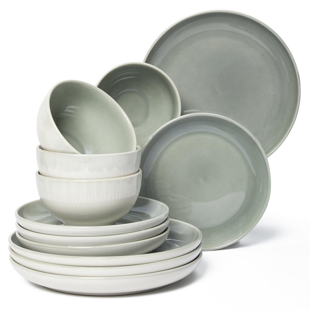 Pokini Stoneware Dinnerware Sets Service for 12, 36 pcs Reactive Glaze Plates and Bowls Sets, Handmade Ceramic Dish Set, Highly Chip and Crack Resistant Modern Plate Set, Gradient Green