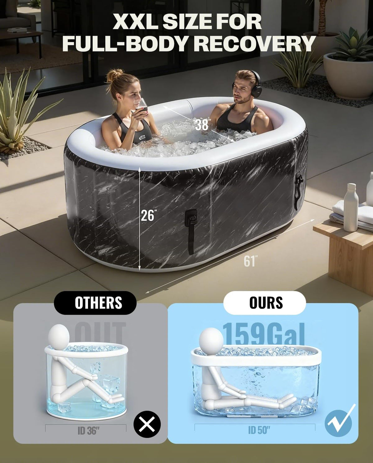 SWRORDAWN Upgrade 179 Gal XXL Ice Bath Tub Fits Tall 6'7" Athletic,Water Chiller Compatible Cold Plunge Tub for Recovery,5-Layer Portable Inflatable Ice Bathtub with Lid for Indoor Outdoor Use,Black