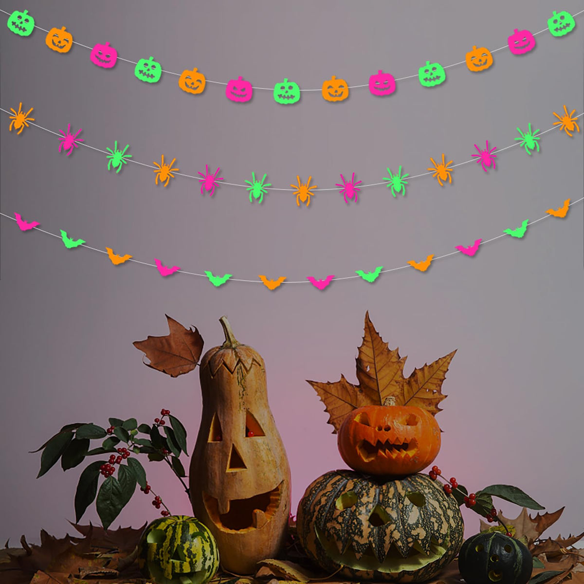 Halloween Party Decorations Neon Banner - 3pcs Glow in The Dark Paper Pumpkin Bats Spiders Hanging Swirls Streamers,Window Fireplace Room Ceiling Garland, Baby Shower Birthday Supplies Decor Panduola