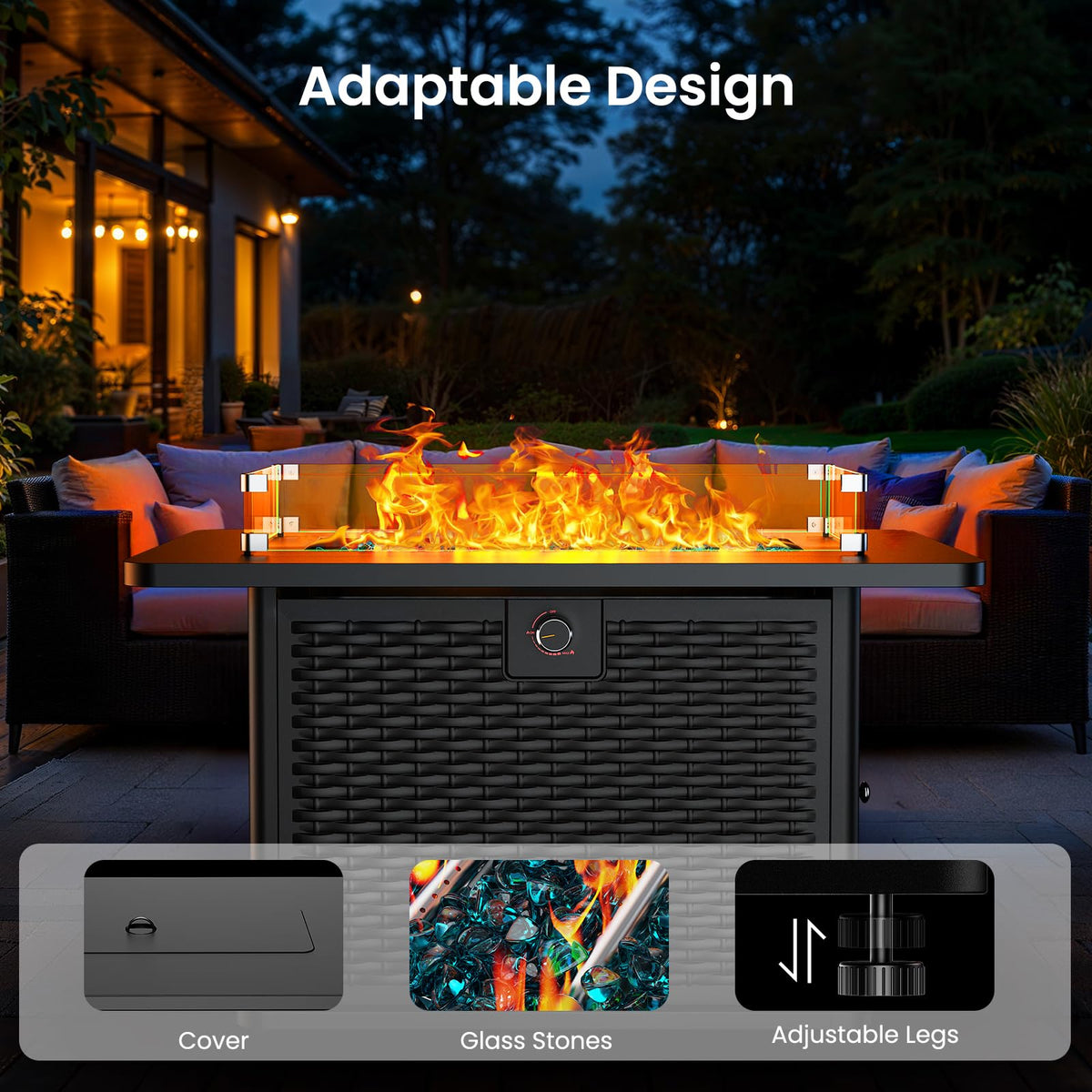 Ciays 43-Inch Rectangular Propane Fire Pit with 60,000 BTU Output, Fire Pit Table Premium Gas for Outside Patio with 304 Stainless Steel H-Burner, Glass Stones, and Wind Guard,Black