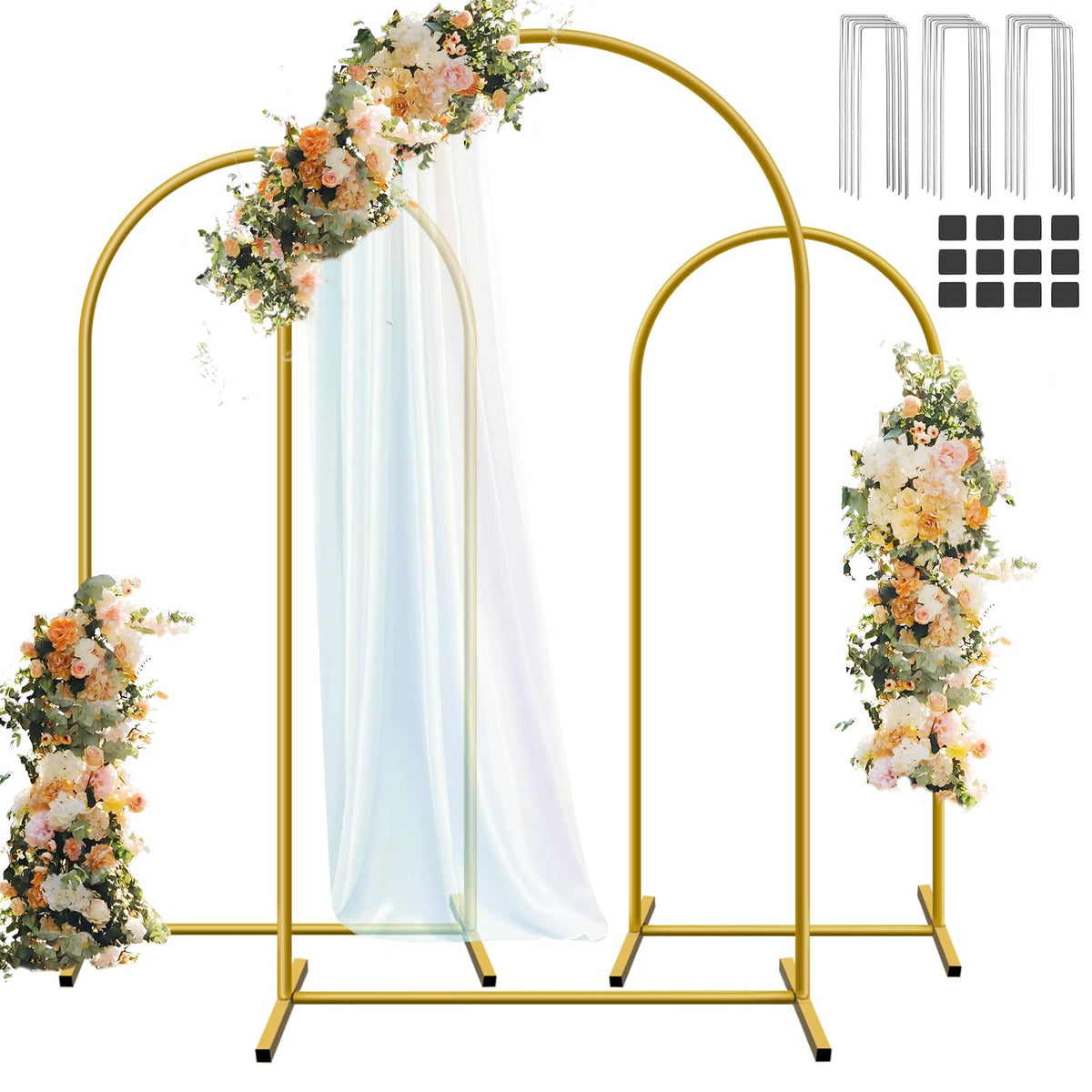 Hemmotop Metal Arch Backdrop Stand Set of 3, 6FT, 5FT, 4FT Party Arch Stands for Wedding, Birthday, Baby Shower, Bridal Shower - Balloon Arched Frame for Garden Decor, Gold Floral Arches, 3 Pieces
