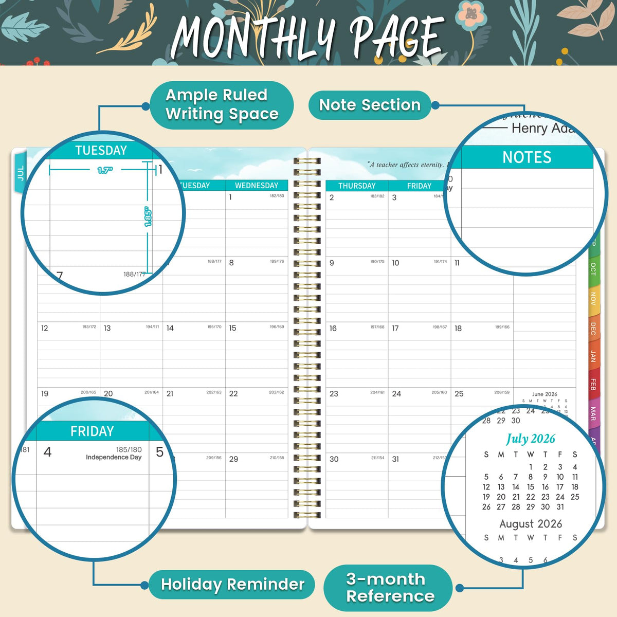 Teacher Planner 2026-2027- Teacher Planner, Teacher Lesson Planner from July 2026 to June 2027, 9" x 11", Spiral Bound,Lesson Plan Book with Colourful Monthly Tabs, Inner Pocket