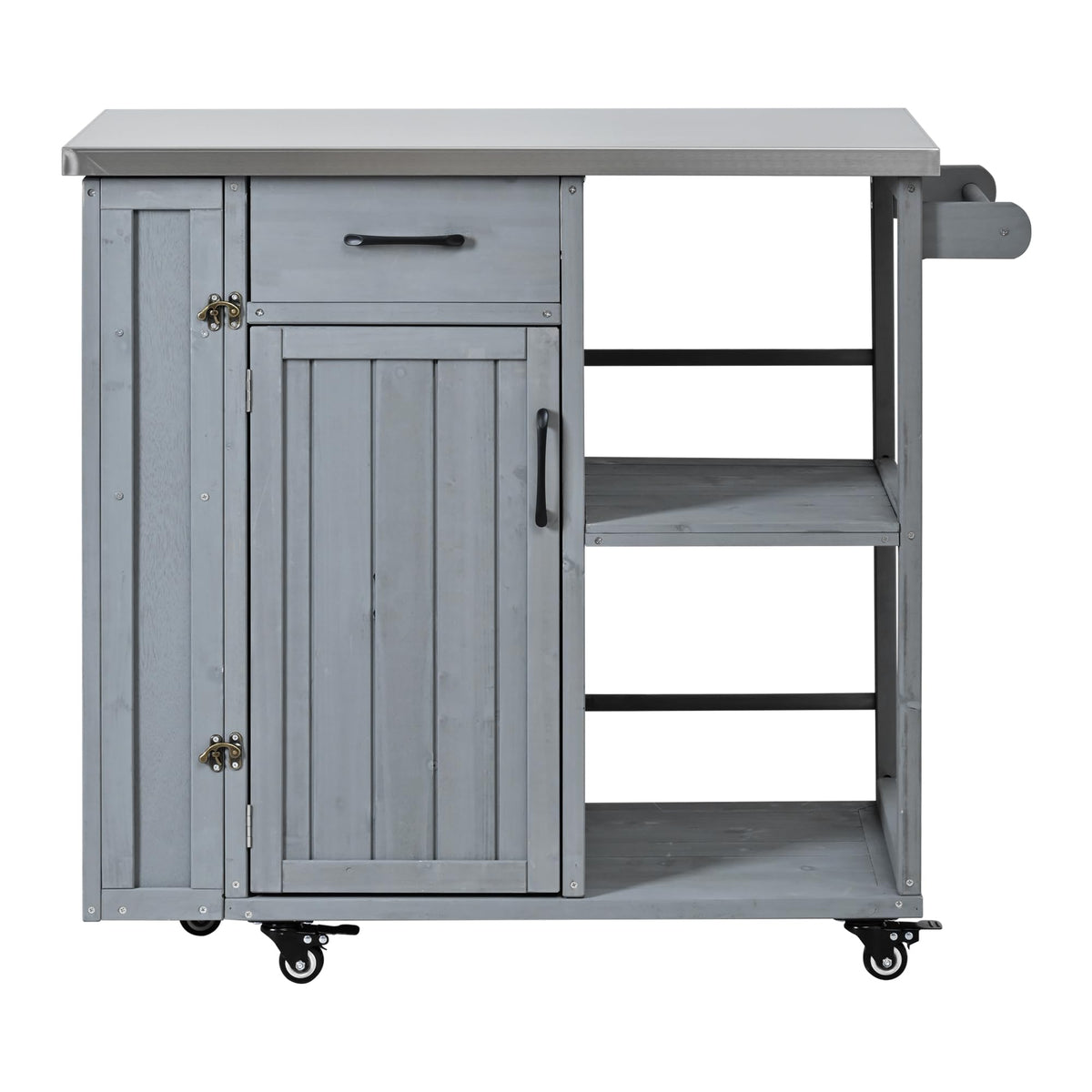 Outdoor Kitchen Island Cart with Stainless Steel Top, Rolling Grill Table with Storage Cabinet Drawer Shelves and Towel Rack, Wooden BBQ Prep Station with Lockable Wheels for Patio Backyard, Grey