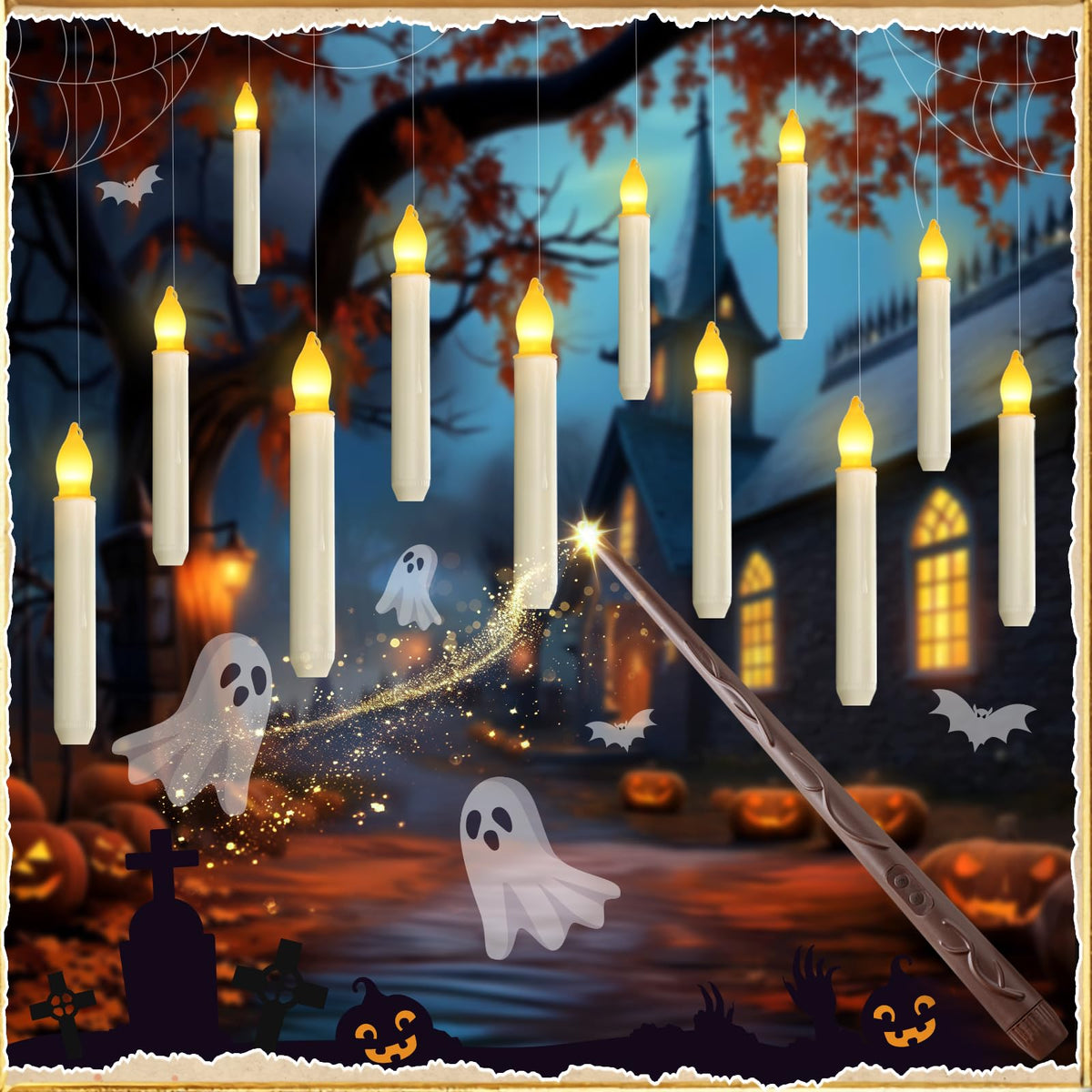 Homemory Floating Candle with Wand Remote, 12 Pcs Magical Candlesticks Witch Decors, Warm Yellow Flameless Taper Candles Battery Operated, LED Window Candle for Halloween Party Decor
