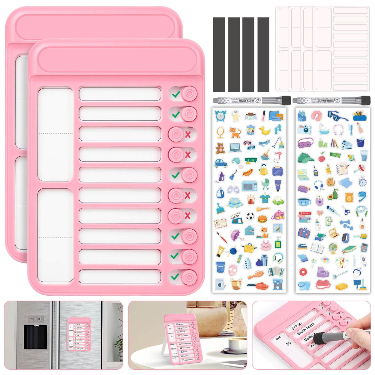 Audab 2Pcs Dry Erase Chore Chart for Kids, Magnetic Checklist Board, My Chores Slider Chart to Do List Board, Routine Reward Chart Schedule Board Task Tracker for Home Refrigerator, Wall, Desk (Pink)