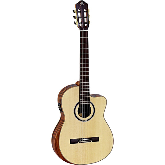 Ortega Guitars 6 String Private Room Striped Ebony Suite w/Arm Rest Solid Top Slim Neck Acoustic-Electric Nylon Classical Guitar w/Bag, Right, natural (STRIPEDSU.C/E)