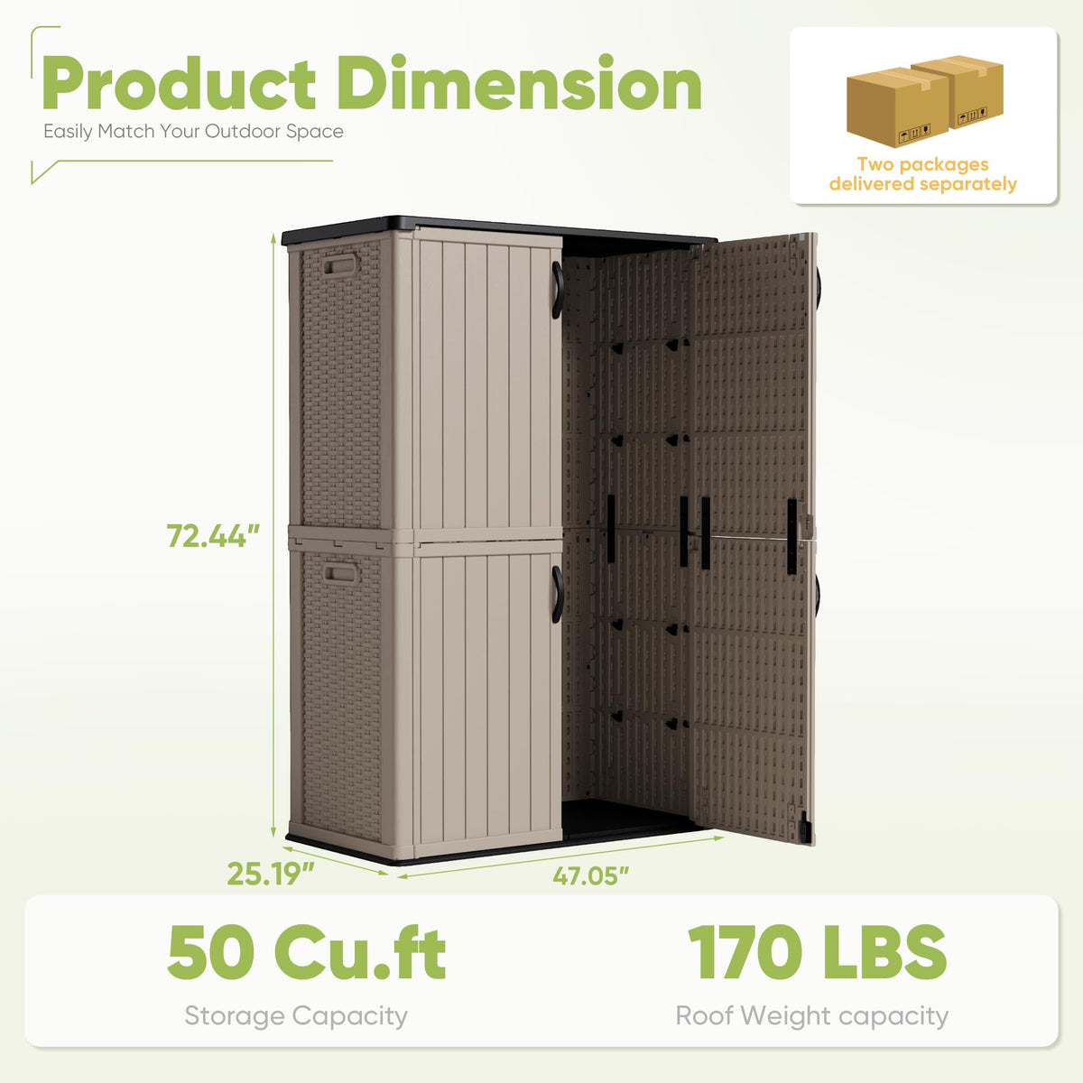 Devoko Outdoor Storage Cabinet 50 Cu Ft with Lockable Doors, Vertical Storage Shed Waterproof Patio Tools Storage Box for Sofa Cushions, Gardening Tools and Accessories (Beige)
