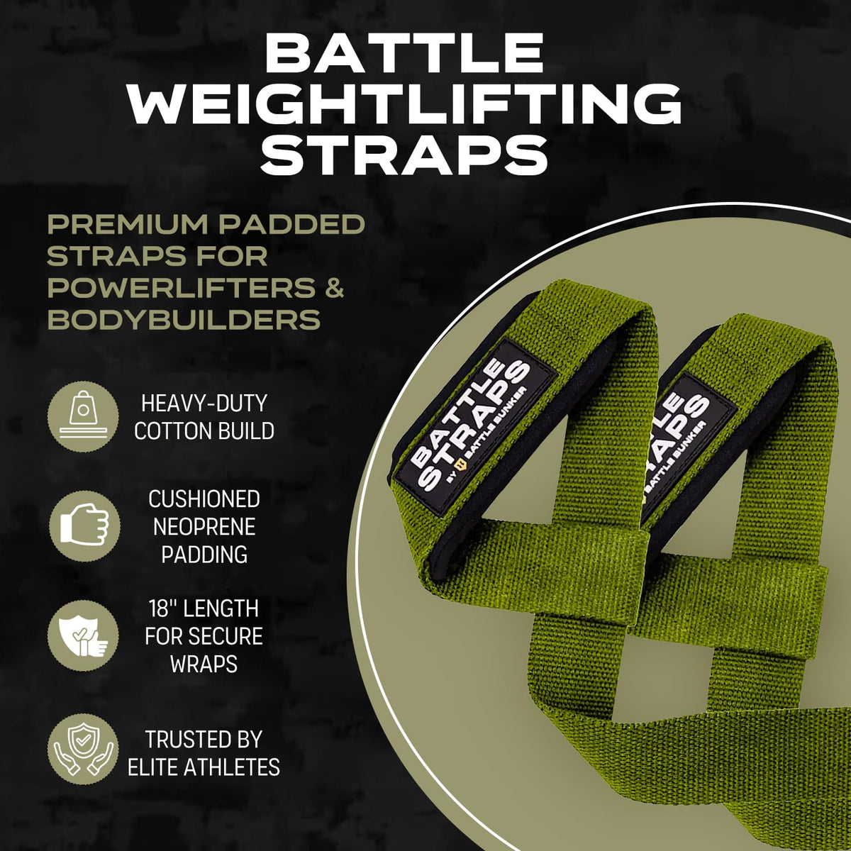 Battle Bunker Weightlifting Straps- Premium Padded Lifting Strap for Superior Grip & Comfort- Gym Straps for Deadlifts, Rows & Pull-Ups- Boost Strength & Reduce Grip Fatigue for Bodybuilding