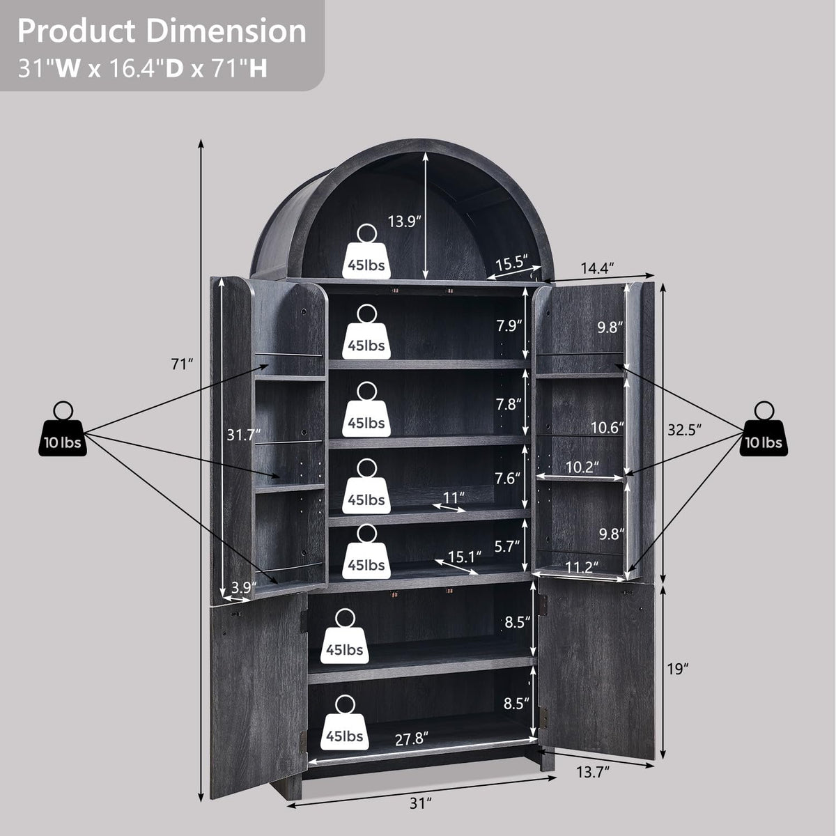 IFGET 71" Tall Arched Kitchen Pantry, Modern Fluted Wood Storage Cabinet with Doors, 3 Adjustable Shelves, 6 Door Shelves, Organizer, Versatile Cupboard for Kitchen,Bathroom, Dark Gray