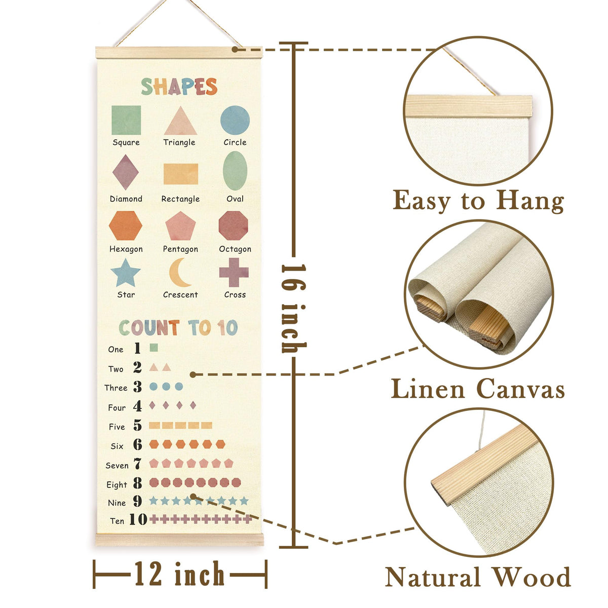 TAEDIN Boho Classroom Wall Art Poster Hanger Frame, Kids Room Wall Art with Wood Frames, Shapes Number 1 to 10 Educational Hanging Decor for Kids Boys Girls Toddler Room Bedroom Playroom, 12x35 Inches
