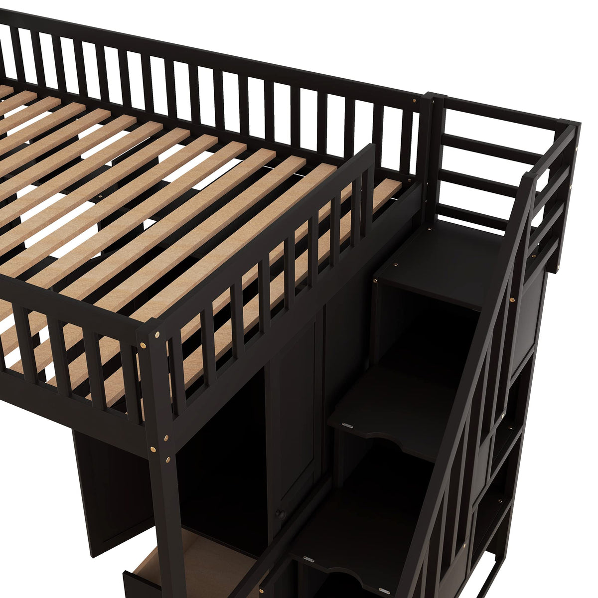 Full Size Loft Beds Stairway Loft Bed Frame with Wardrobe, Desk, Bookcase and Drawers, Espresso