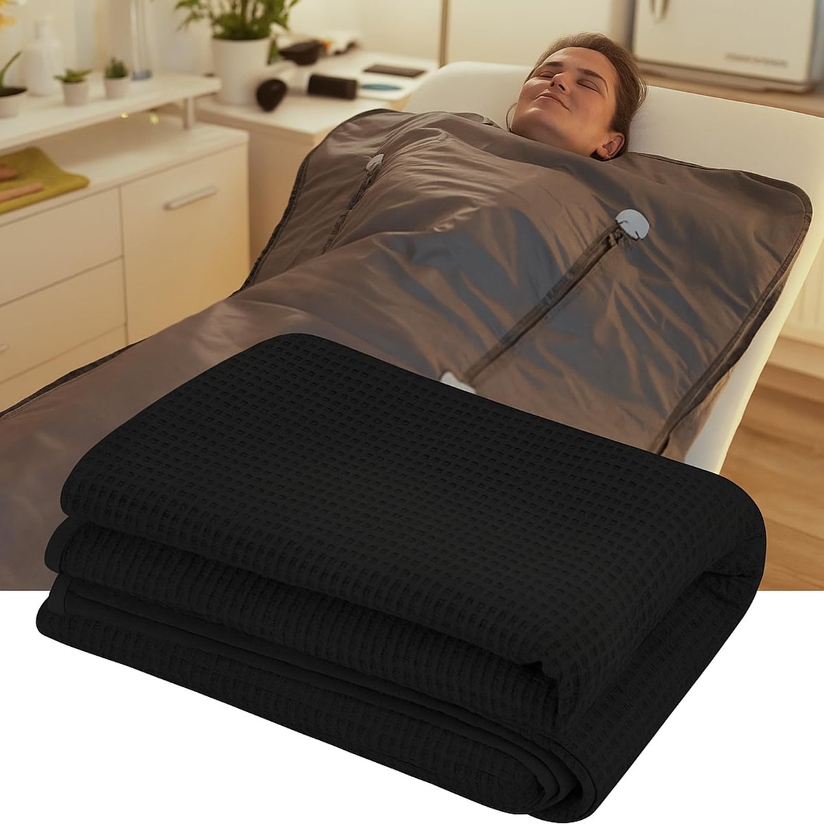 Juexica 1 Pack 70" x 30" Sauna Blanket Insert Towel Cotton Soft Waffle Comfortable Absorbent Towel for Infrared Sauna Blankets Spa, Soft Reusable and Machine Washable (Black)