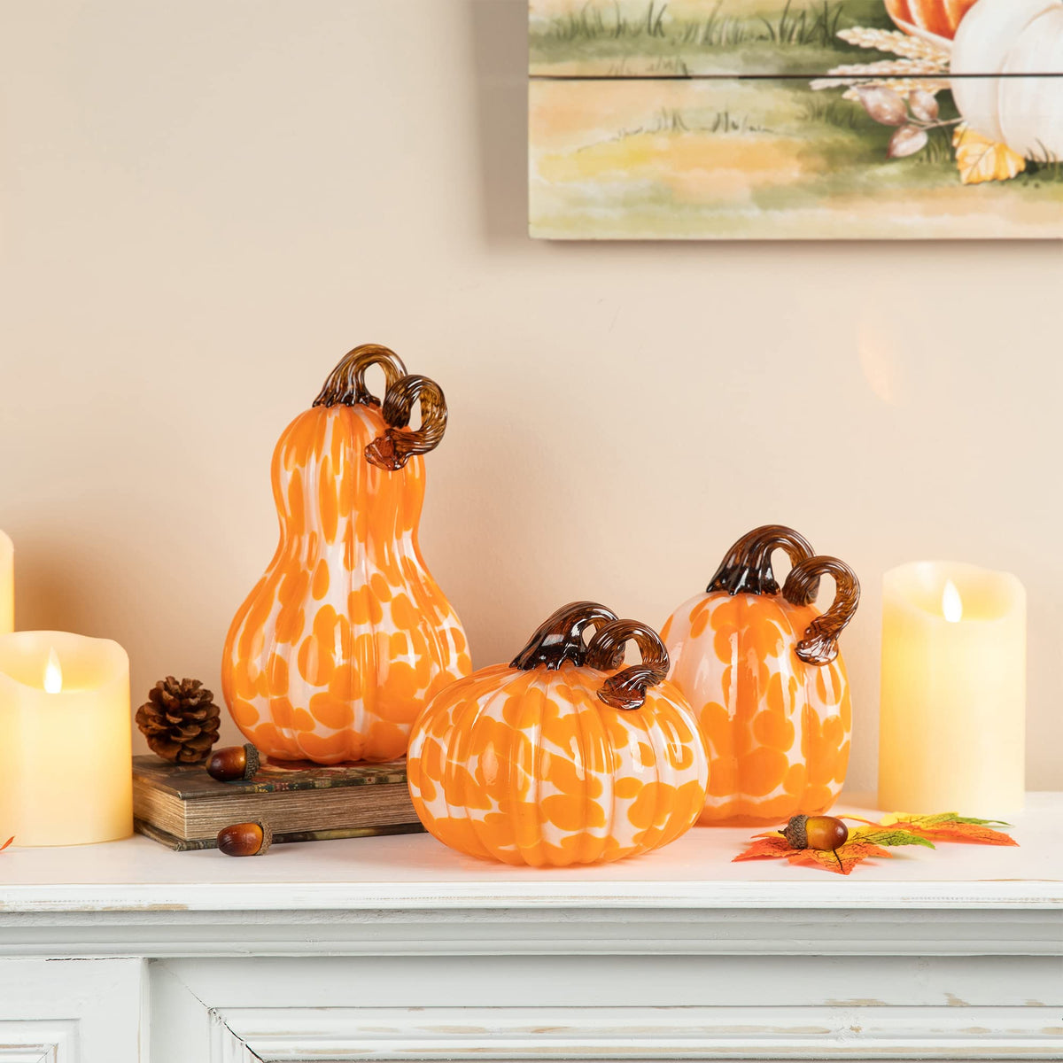 Glitzhome Set of 3 Hand Blown Glitter Glass Pumpkin Table Accent Home Decor for Fall & Harvest Thanksgiving Decorating, Orange Dots