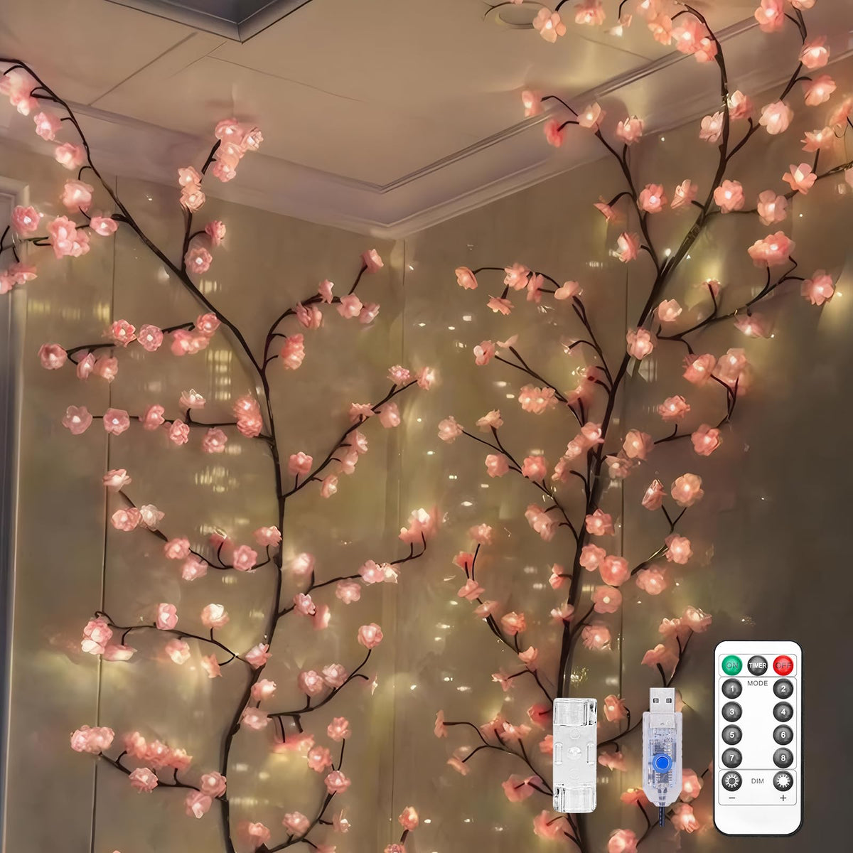 Cherry Blossom Tree Branch Lights for Wall,Cherry Enchanted Willow Vine Lights,with 48 LED and 8 Lighting Modes,Remote Timer,for Bedroom Wall Doors Windows Wedding Christmas Holiday (47inch)