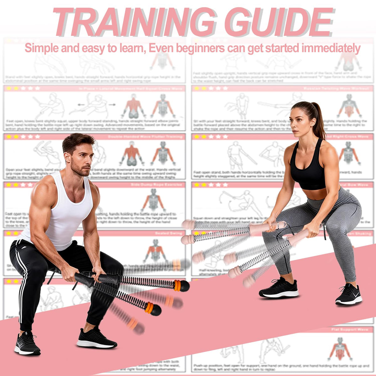 Upgrade Portable Ropeless Battle Ropes - Adjustable Weights Cordless Battle Ropes for Home Gym with Training Poster - Battle Rope Sticks Exercise Equipment for Low-Impact Workout, HIIT & Cardio - Pink