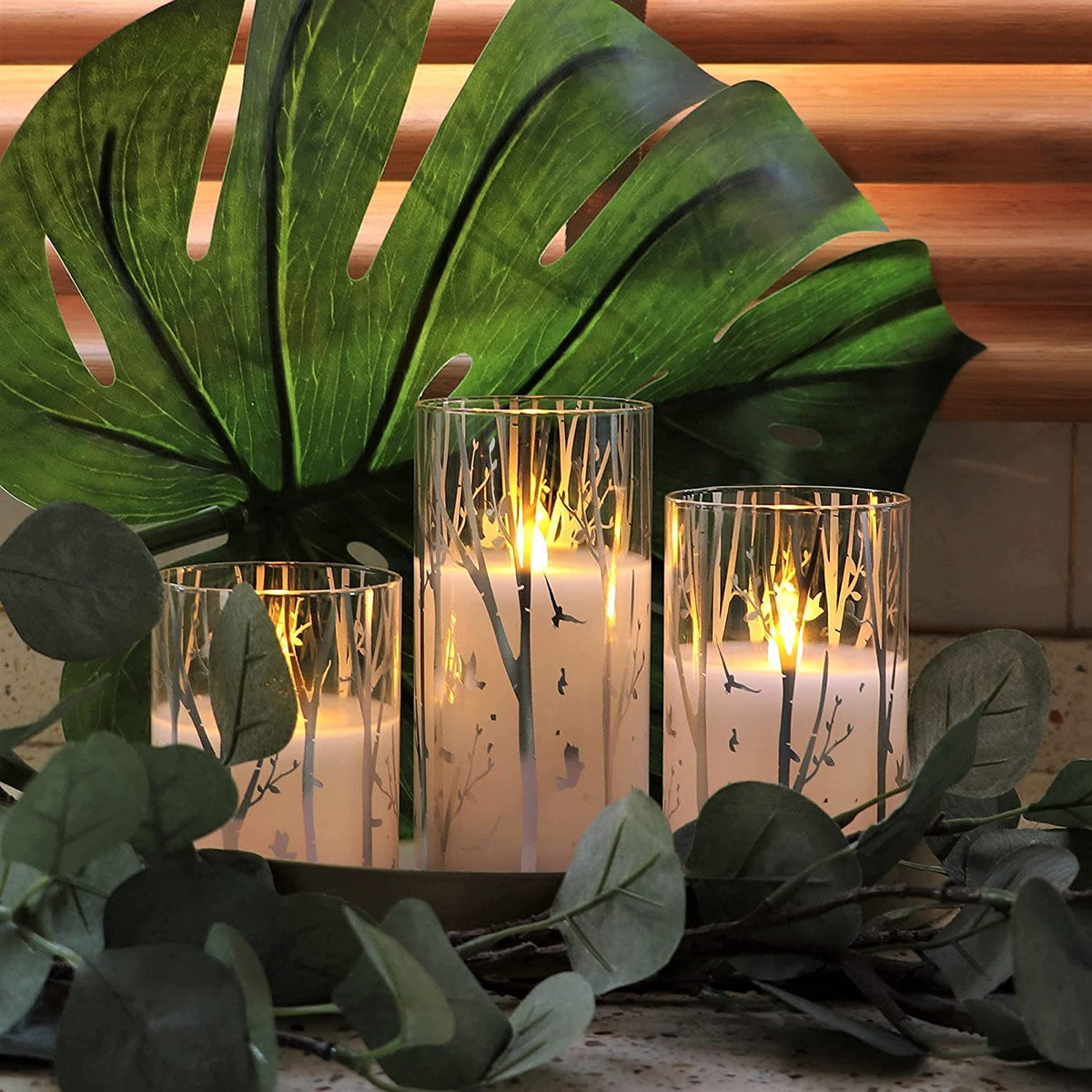 Rhytsing Birch Design Glass Battery Operated LED Candles with Timer, Flameless Pillar Candles Spring & Summer Decor- Include 6 Batteries