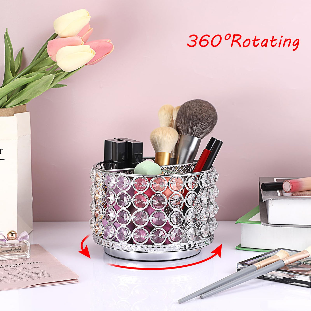 Hipiwe Crystal Vanity Organizer Makeup Brush Holder- 360 Rotating Cosmetic Brushes Display Organizers Spinning Remote Control Holder Bathroom Storage Organizer for Eyebrow Pen Pencil,Silver 4-Slot