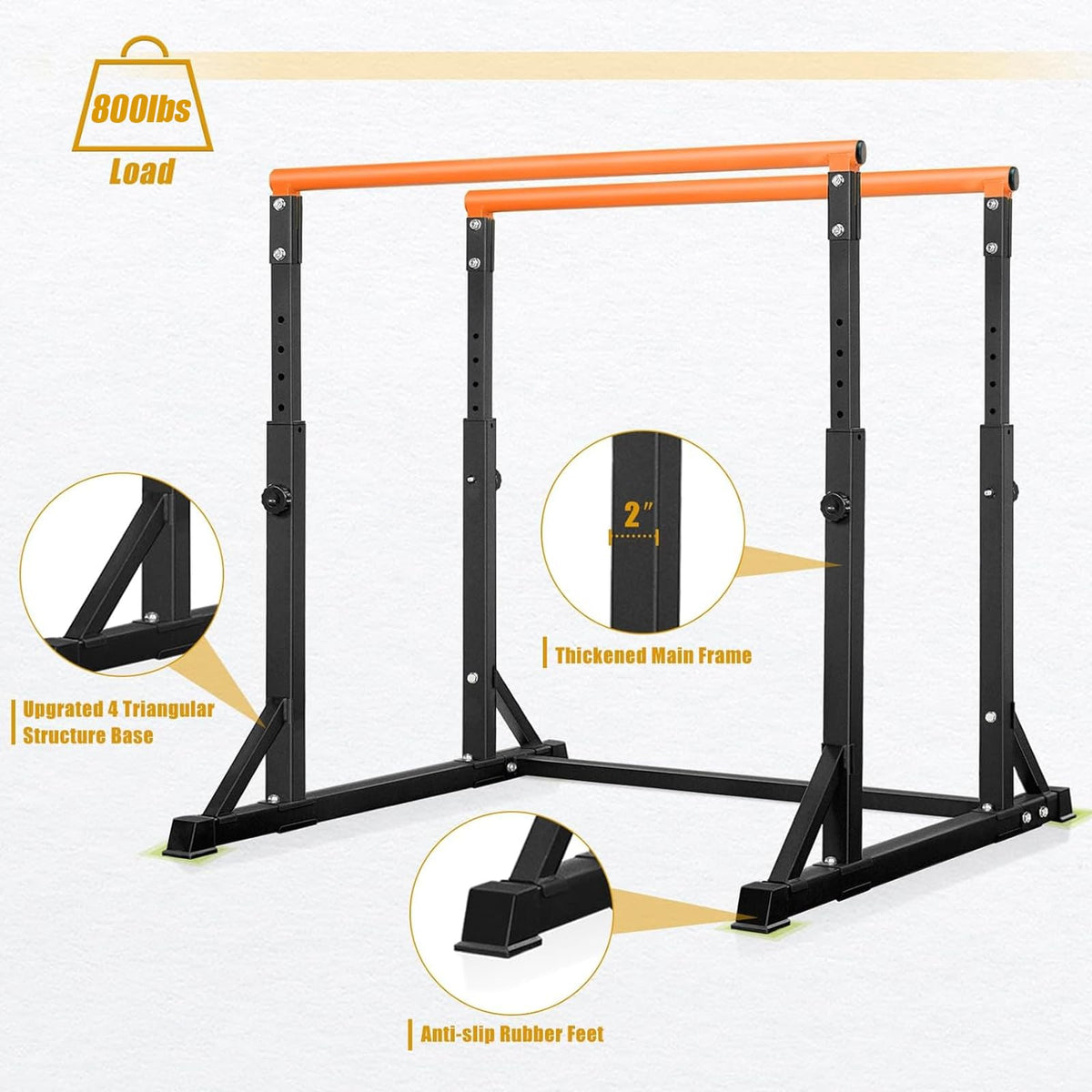Bongkim Dip Bar, Heavy Duty Dip Station with 7 Height Levels, 800lbs Adjustable Parallel Bars for Tricep Dips Pull-Ups L-Sits Calisthenics Exercises Strength Training for Home Gym Outdoor (Orange)